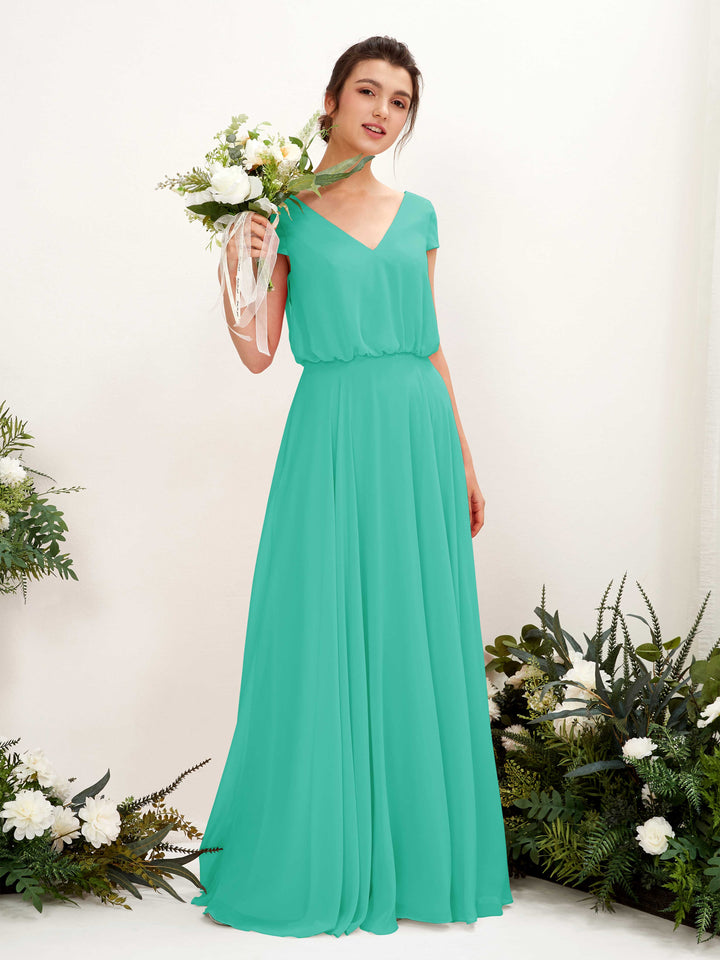 Carlyna Robe trapèze col V mancherons longueur ras du sol demoiselle d&