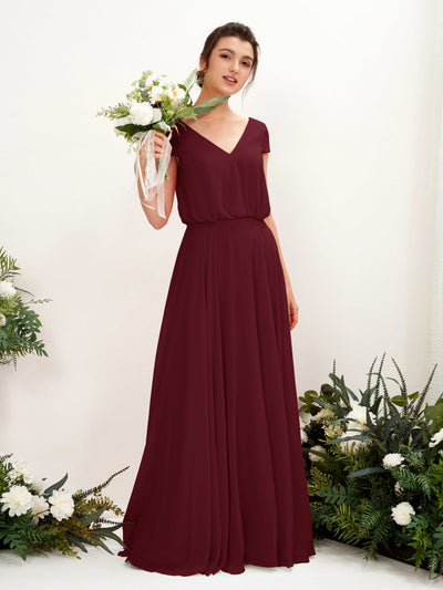 Carlyna Robe trapèze col V mancherons longueur ras du sol demoiselle d'honneur Bordeaux #couleur_bordeaux