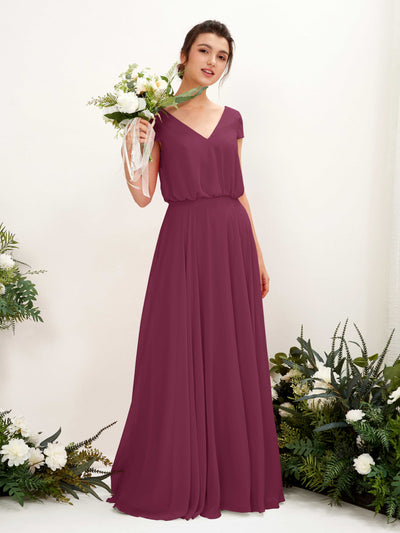 Carlyna Robe trapèze col V mancherons longueur ras du sol demoiselle d'honneur Chianti #couleur_chianti