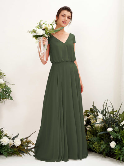 Carlyna Robe trapèze col V mancherons longueur ras du sol demoiselle d'honneur Olive Martini #couleur_olive-martini
