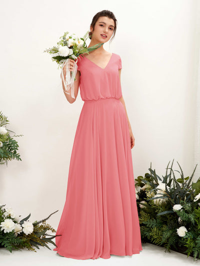 Carlyna Robe trapèze col V mancherons longueur ras du sol demoiselle d'honneur Rose Corail #couleur_rose-corail