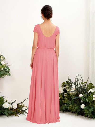 Carlyna Robe trapèze col V mancherons longueur ras du sol demoiselle d'honneur Rose Corail #couleur_rose-corail