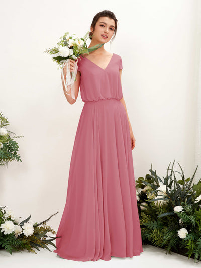 Carlyna Robe trapèze col V mancherons longueur ras du sol demoiselle d'honneur Rose Du Désert #couleur_rose-du-d-sert