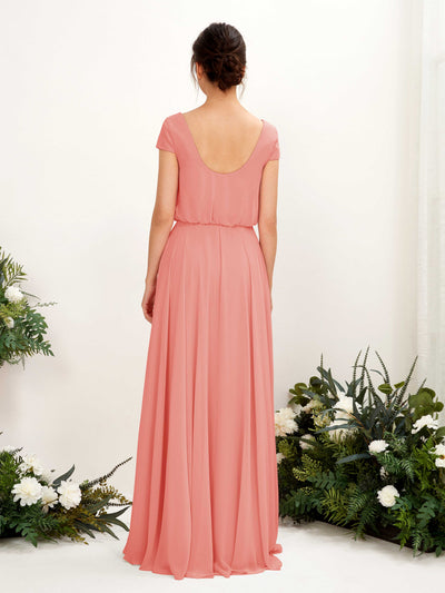 Carlyna Robe trapèze col V mancherons longueur ras du sol demoiselle d'honneur Rose Pêche #couleur_rose-p-che