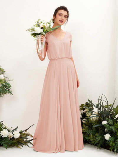 Carlyna Robe trapèze col V mancherons longueur ras du sol demoiselle d'honneur Rose Perle #couleur_rose-perle