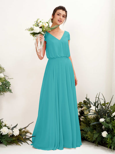 Carlyna Robe trapèze col V mancherons longueur ras du sol demoiselle d'honneur Turquoise #couleur_turquoise