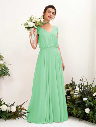 Carlyna Robe trapèze col V mancherons longueur ras du sol demoiselle d'honneur Vert Menthe #couleur_vert-menthe