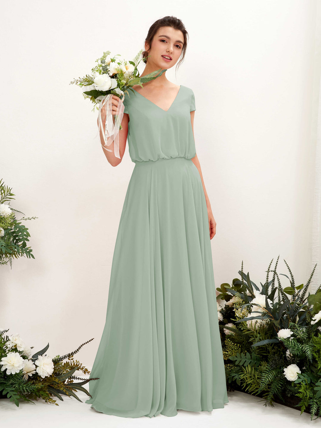 Carlyna Robe trapèze col V mancherons longueur ras du sol demoiselle d&