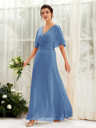 Carlyna Robe Trapèze Col V Manches Cape Longueur ras du sol Demoiselle d'honneur Bleu Poussiéreux #couleur_bleu-poussi-reux