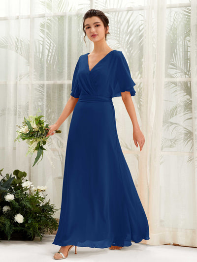Carlyna Robe Trapèze Col V Manches Cape Longueur ras du sol Demoiselle d'honneur Bleu Roi #couleur_bleu-roi