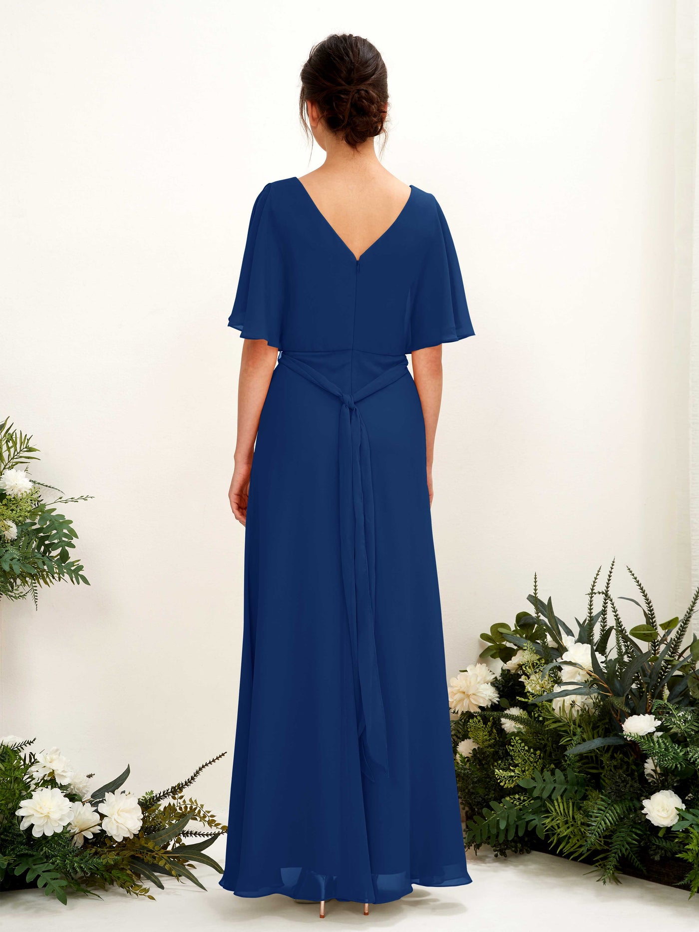 Carlyna Robe Trapèze Col V Manches Cape Longueur ras du sol Demoiselle d'honneur Bleu Roi #couleur_bleu-roi