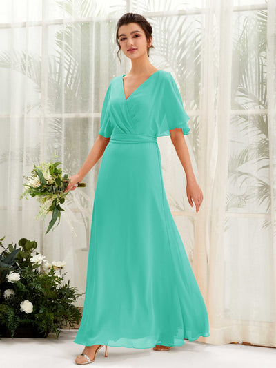 Carlyna Robe Trapèze Col V Manches Cape Longueur ras du sol Demoiselle d'honneur Bleu Tiffany #couleur_bleu-tiffany