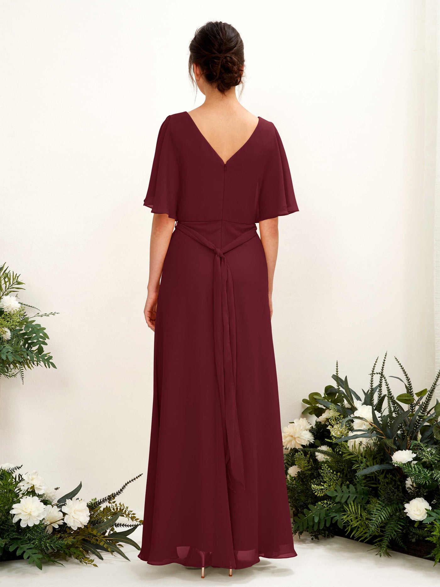 Carlyna Robe Trapèze Col V Manches Cape Longueur ras du sol Demoiselle d'honneur Bordeaux #couleur_bordeaux