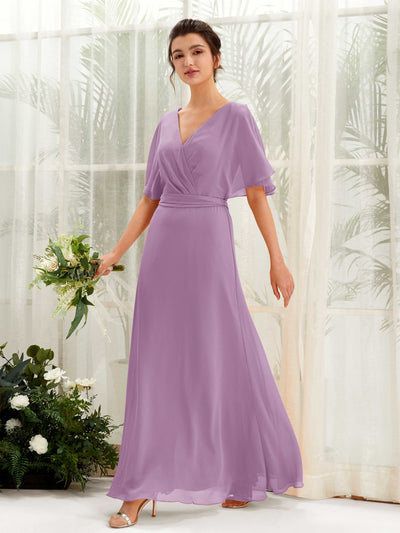 Carlyna Robe Trapèze Col V Manches Cape Longueur ras du sol Demoiselle d'honneur Brume Orchidée #couleur_brume-orchid-e