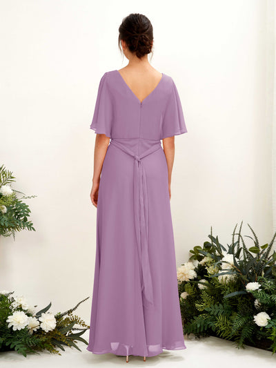 Carlyna Robe Trapèze Col V Manches Cape Longueur ras du sol Demoiselle d'honneur Brume Orchidée #couleur_brume-orchid-e
