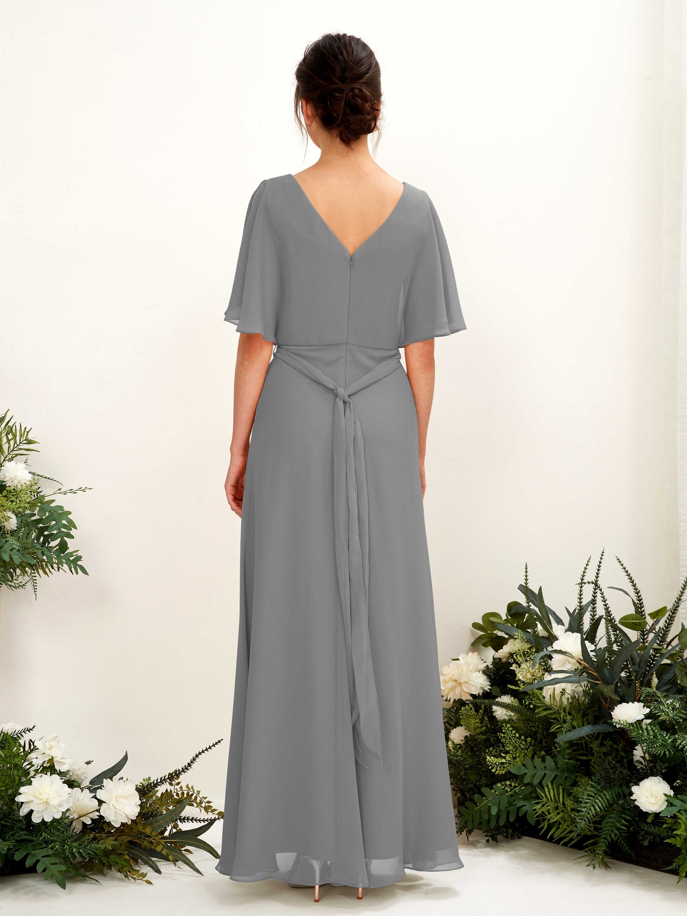Carlyna Robe Trapèze Col V Manches Cape Longueur ras du sol Demoiselle d'honneur Gris Acier #couleur_gris-acier