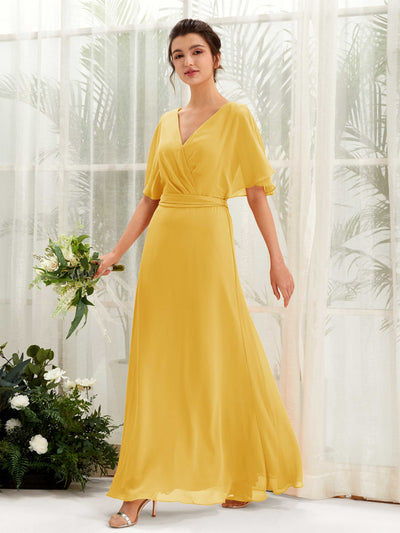 Carlyna Robe Trapèze Col V Manches Cape Longueur ras du sol Demoiselle d'honneur Jaune Moutard #couleur_jaune-moutard