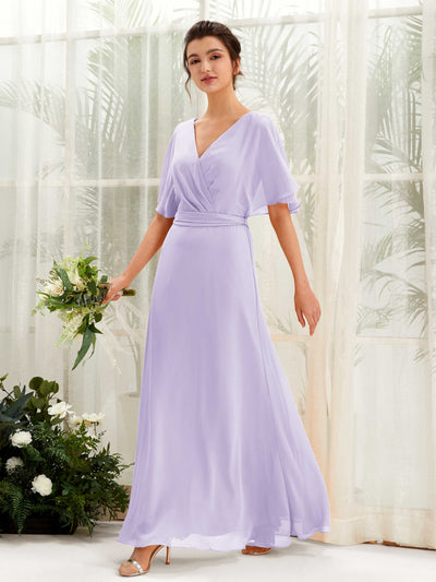 Carlyna Robe Trapèze Col V Manches Cape Longueur ras du sol Demoiselle d'honneur Lilas #couleur_lilas