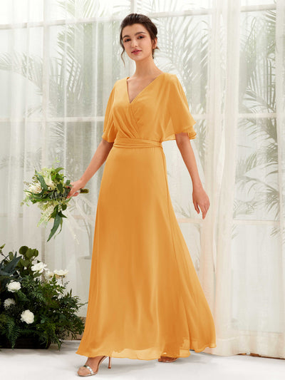 Carlyna Robe Trapèze Col V Manches Cape Longueur ras du sol Demoiselle d'honneur Mangue #couleur_mangue