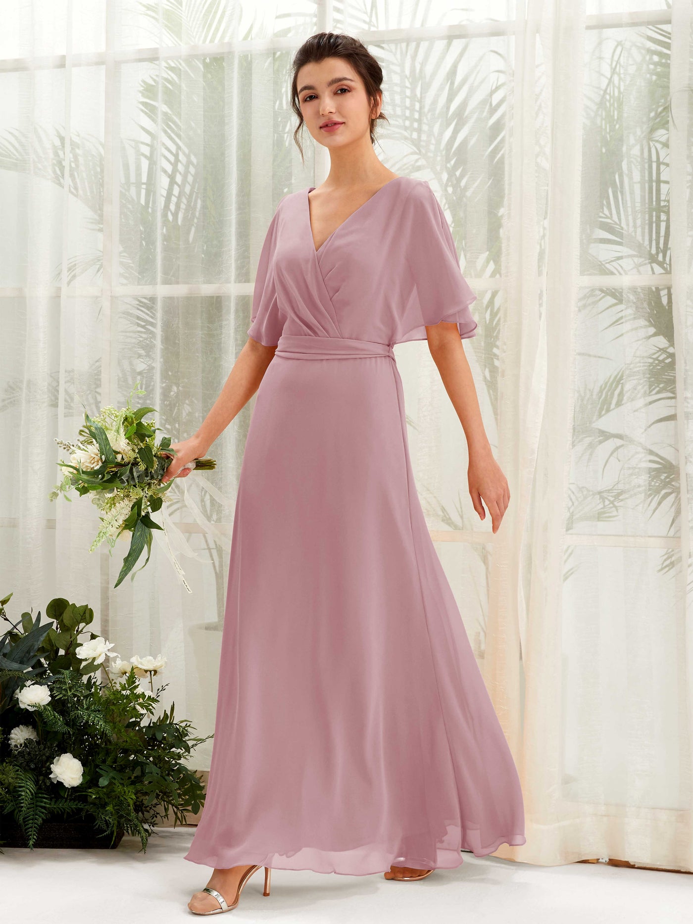 Carlyna Robe Trapèze Col V Manches Cape Longueur ras du sol Demoiselle d'honneur Mauve Vintage #couleur_mauve-vintage