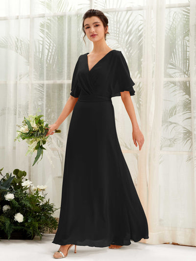 Carlyna Robe Trapèze Col V Manches Cape Longueur ras du sol Demoiselle d'honneur Noir #couleur_noir