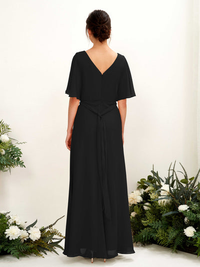 Carlyna Robe Trapèze Col V Manches Cape Longueur ras du sol Demoiselle d'honneur Noir #couleur_noir