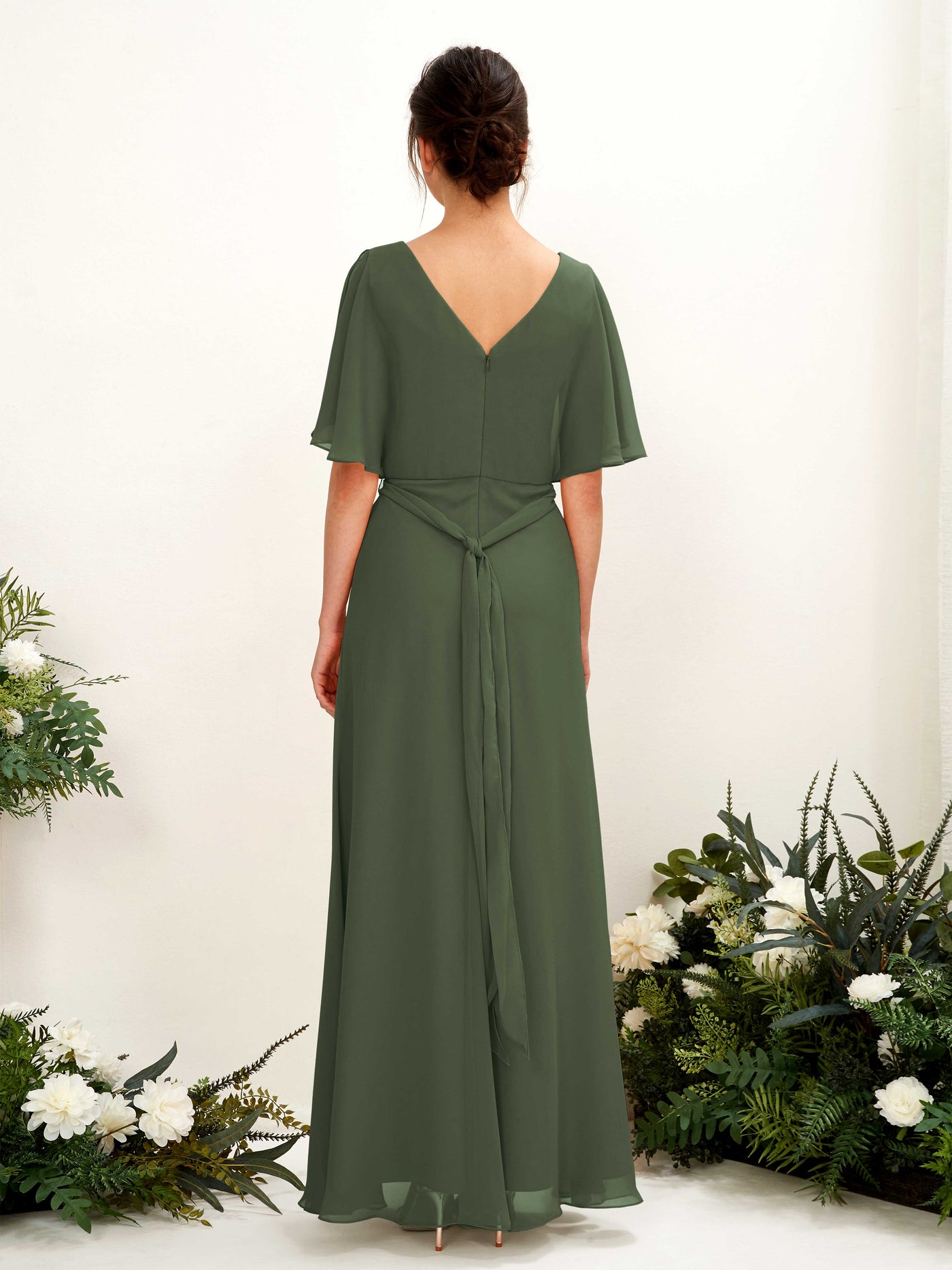Carlyna Robe Trapèze Col V Manches Cape Longueur ras du sol Demoiselle d'honneur Olive Martini #couleur_olive-martini