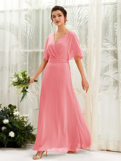 Carlyna Robe Trapèze Col V Manches Cape Longueur ras du sol Demoiselle d'honneur Rose Corail #couleur_rose-corail