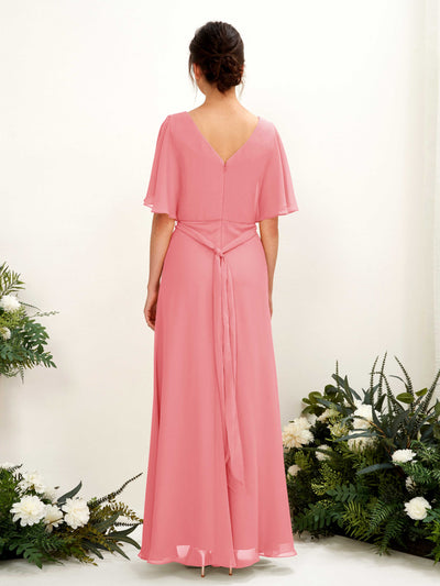 Carlyna Robe Trapèze Col V Manches Cape Longueur ras du sol Demoiselle d'honneur Rose Corail #couleur_rose-corail