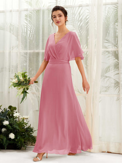Carlyna Robe Trapèze Col V Manches Cape Longueur ras du sol Demoiselle d'honneur Rose Du Désert #couleur_rose-du-d-sert