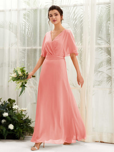 Carlyna Robe Trapèze Col V Manches Cape Longueur ras du sol Demoiselle d'honneur Rose Pêche #couleur_rose-p-che