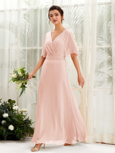 Carlyna Robe Trapèze Col V Manches Cape Longueur ras du sol Demoiselle d'honneur Rose Perle #couleur_rose-perle