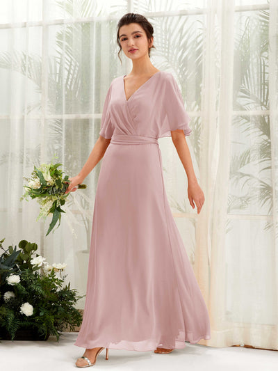 Carlyna Robe Trapèze Col V Manches Cape Longueur ras du sol Demoiselle d'honneur Rose Poussiéreux #couleur_rose-poussi-reux