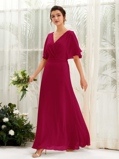 Carlyna Robe Trapèze Col V Manches Cape Longueur ras du sol Demoiselle d'honneur Rouge Bouffon #couleur_rouge-bouffon