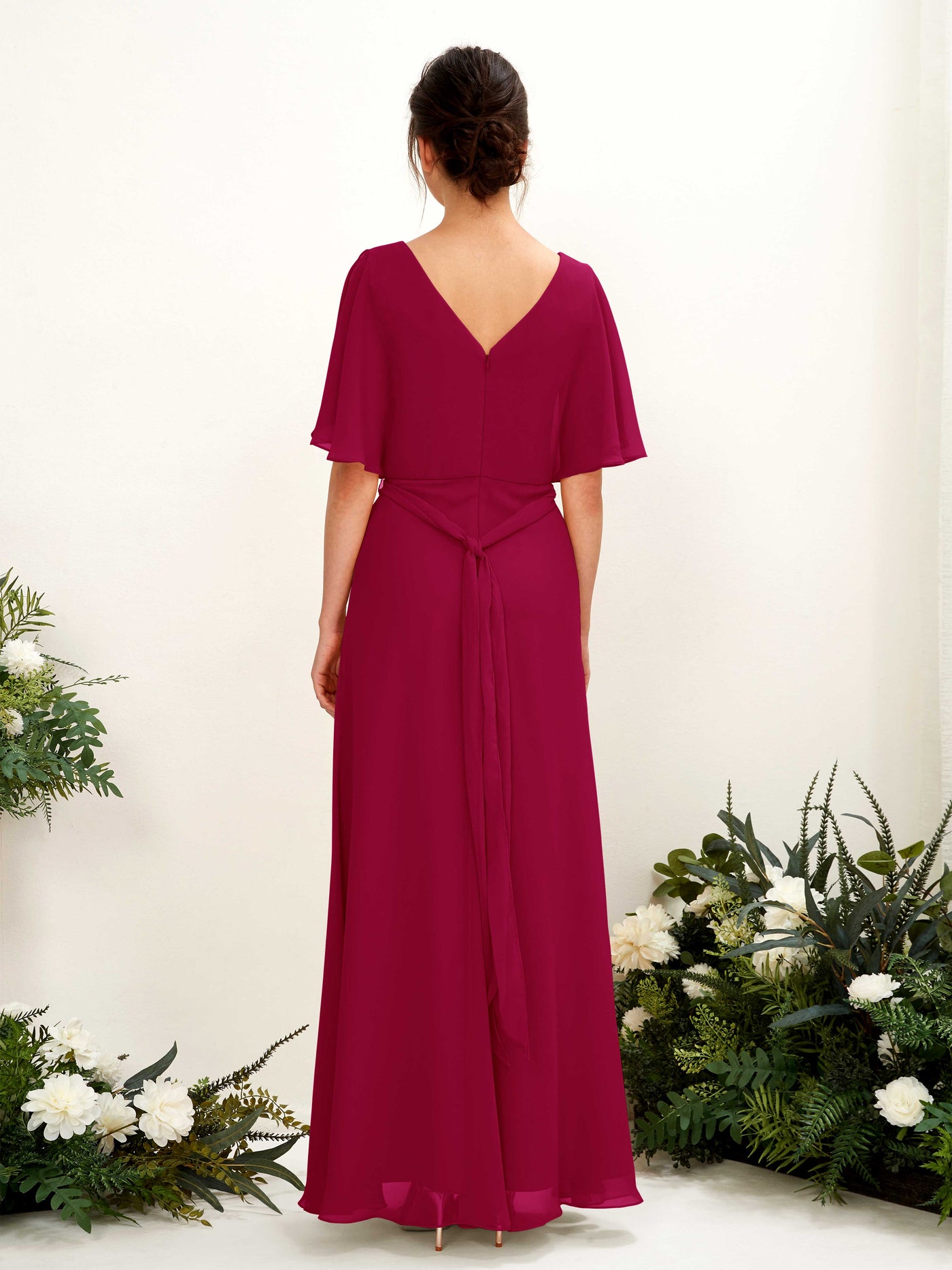 Carlyna Robe Trapèze Col V Manches Cape Longueur ras du sol Demoiselle d'honneur Rouge Bouffon #couleur_rouge-bouffon