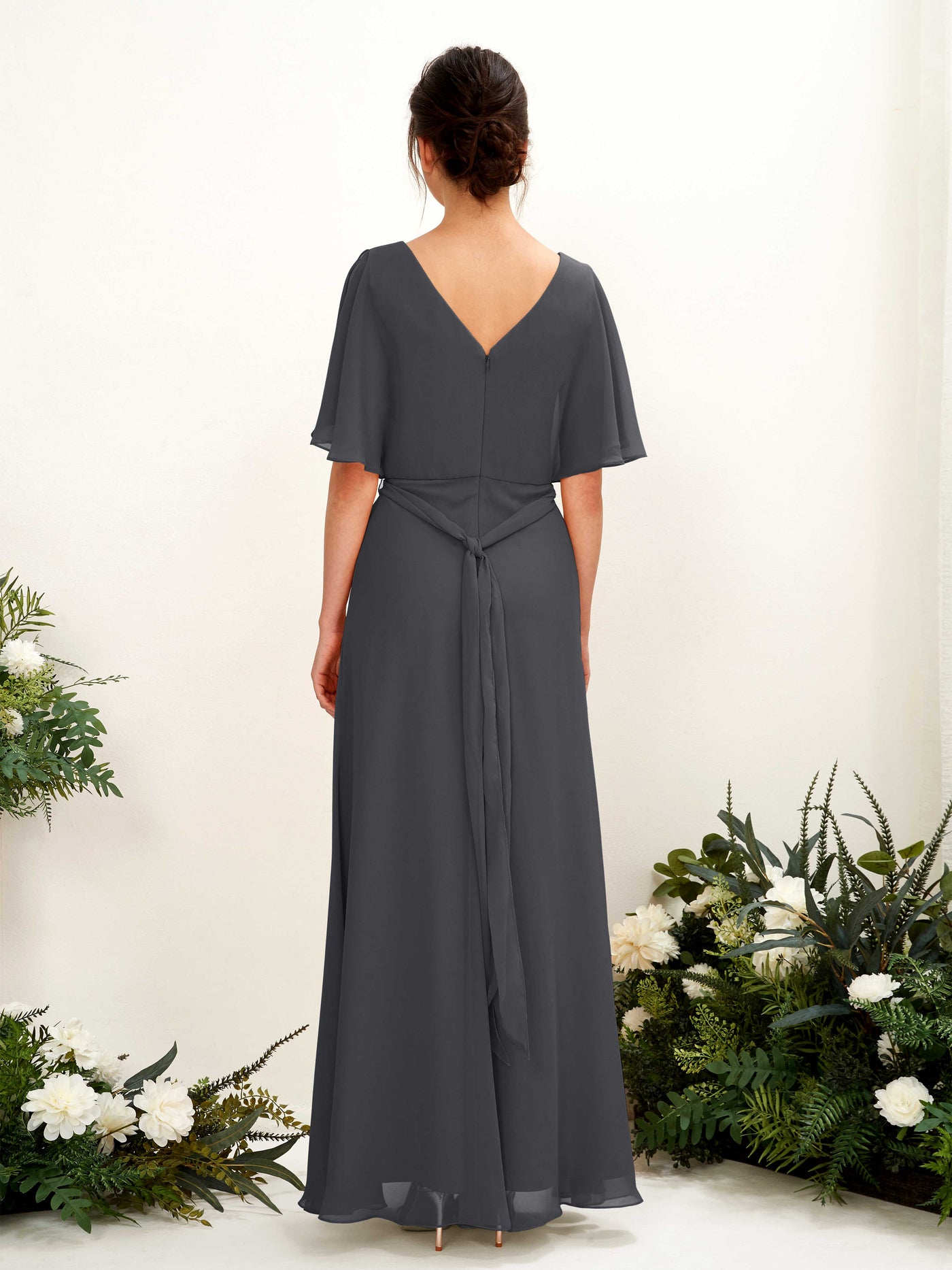 Carlyna Robe Trapèze Col V Manches Cape Longueur ras du sol Demoiselle d'honneur Étain #couleur_tain