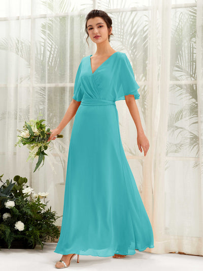 Carlyna Robe Trapèze Col V Manches Cape Longueur ras du sol Demoiselle d'honneur Turquoise #couleur_turquoise