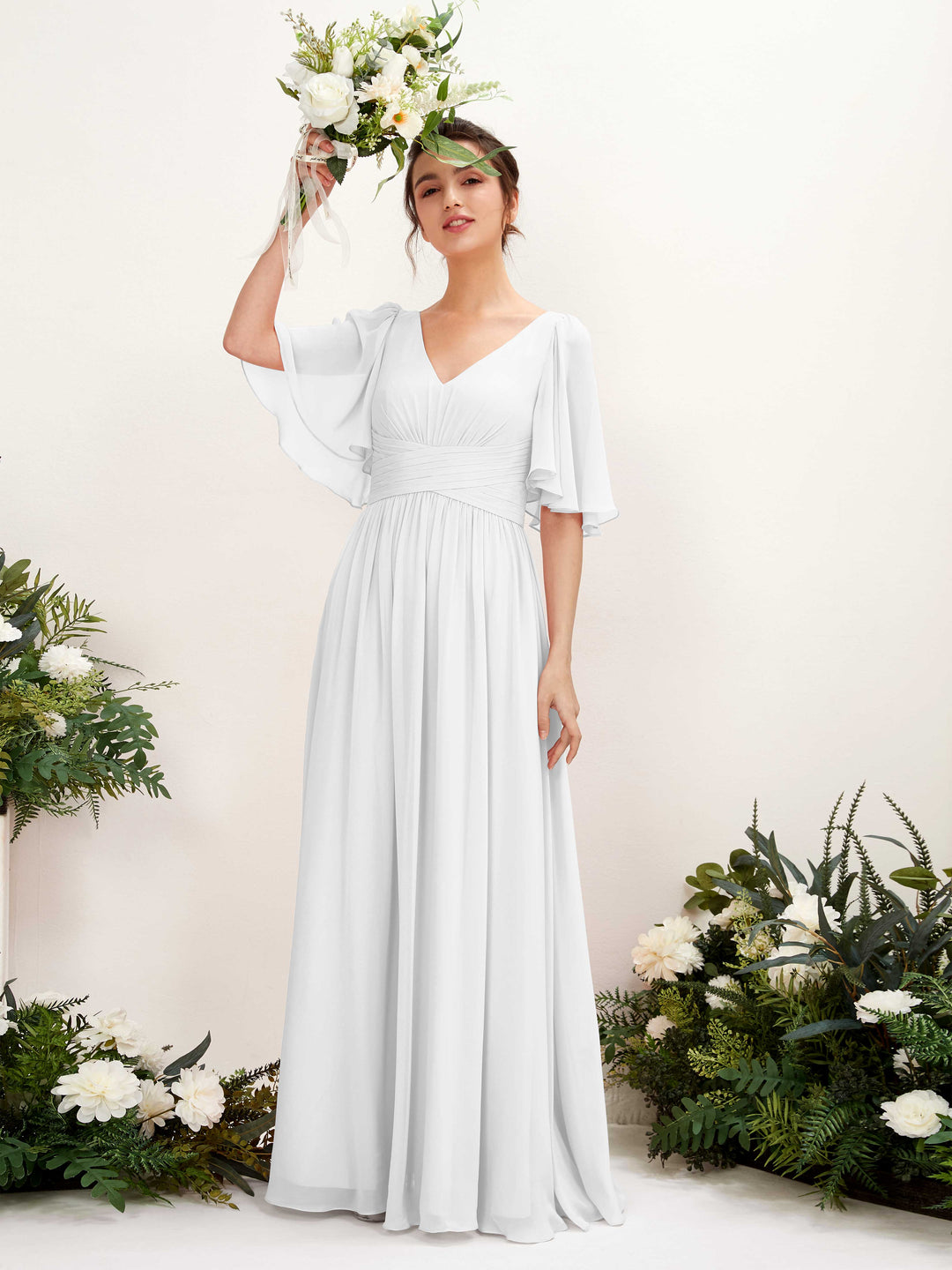 Carlyna Robe trapèze col V manches courtes longueur ras du sol en mousseline Blanc 