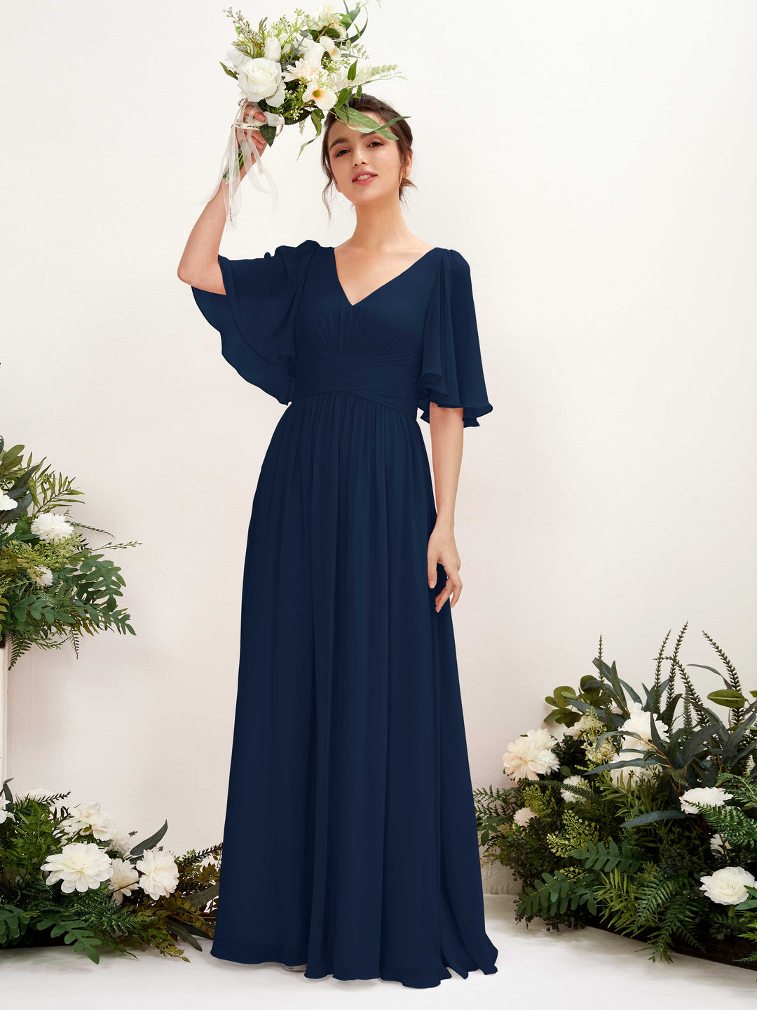 Carlyna Robe trapèze col V manches courtes longueur ras du sol en mousseline Bleu Marine 