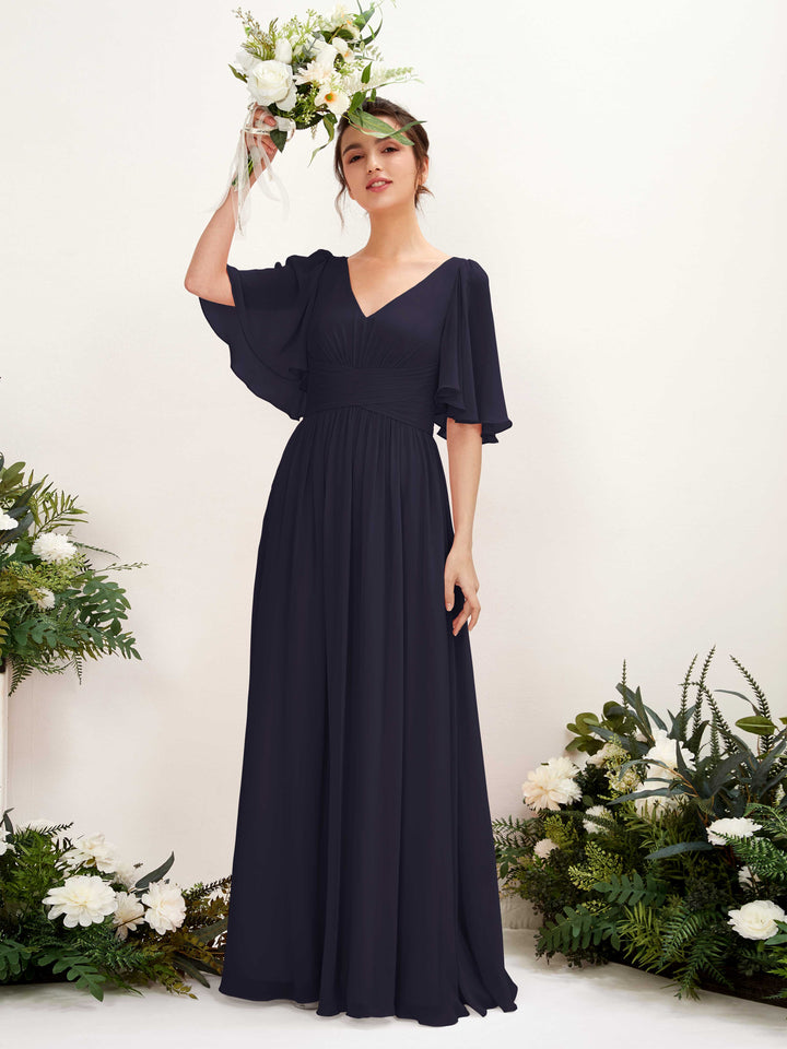 Carlyna Robe trapèze col V manches courtes longueur ras du sol en mousseline Bleu Marine Foncé 