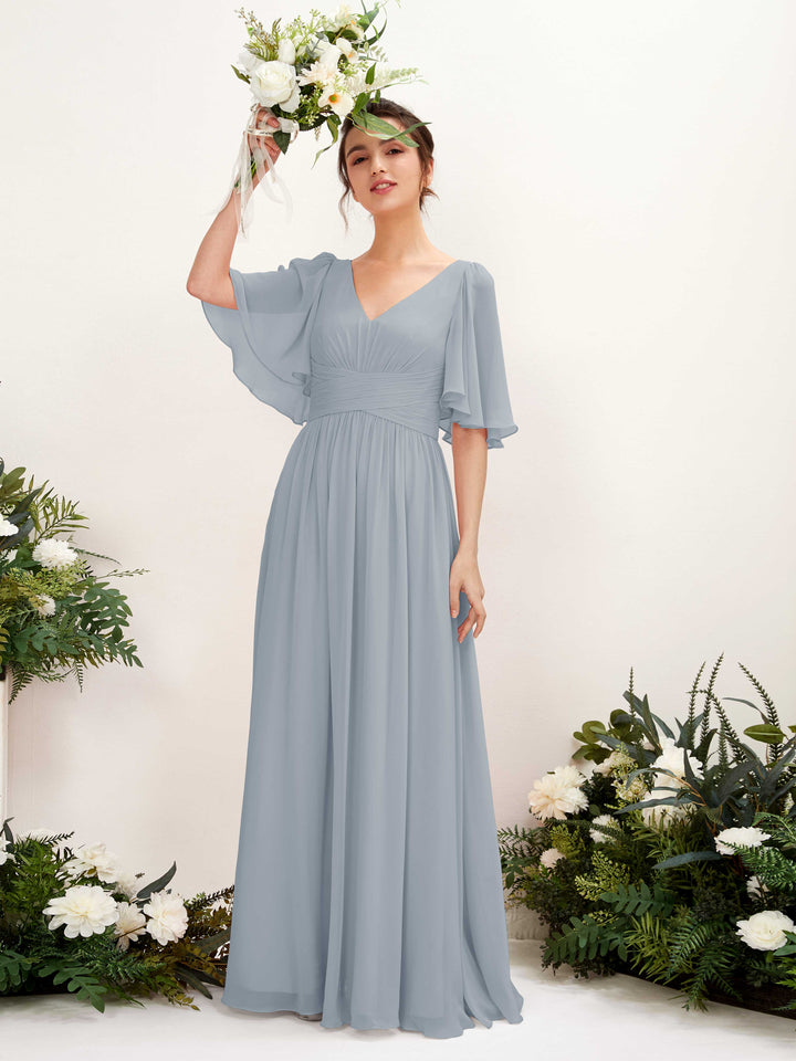 Carlyna Robe trapèze col V manches courtes longueur ras du sol en mousseline Bleu Poussiéreux Amélioré 