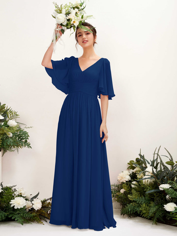 Carlyna Robe trapèze col V manches courtes longueur ras du sol en mousseline Bleu Roi 