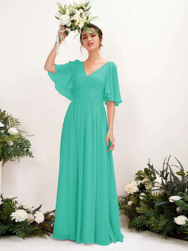 Carlyna Robe trapèze col V manches courtes longueur ras du sol en mousseline Bleu Tiffany 