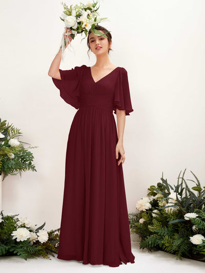 Carlyna Robe trapèze col V manches courtes longueur ras du sol en mousseline Bordeaux #couleur_bordeaux