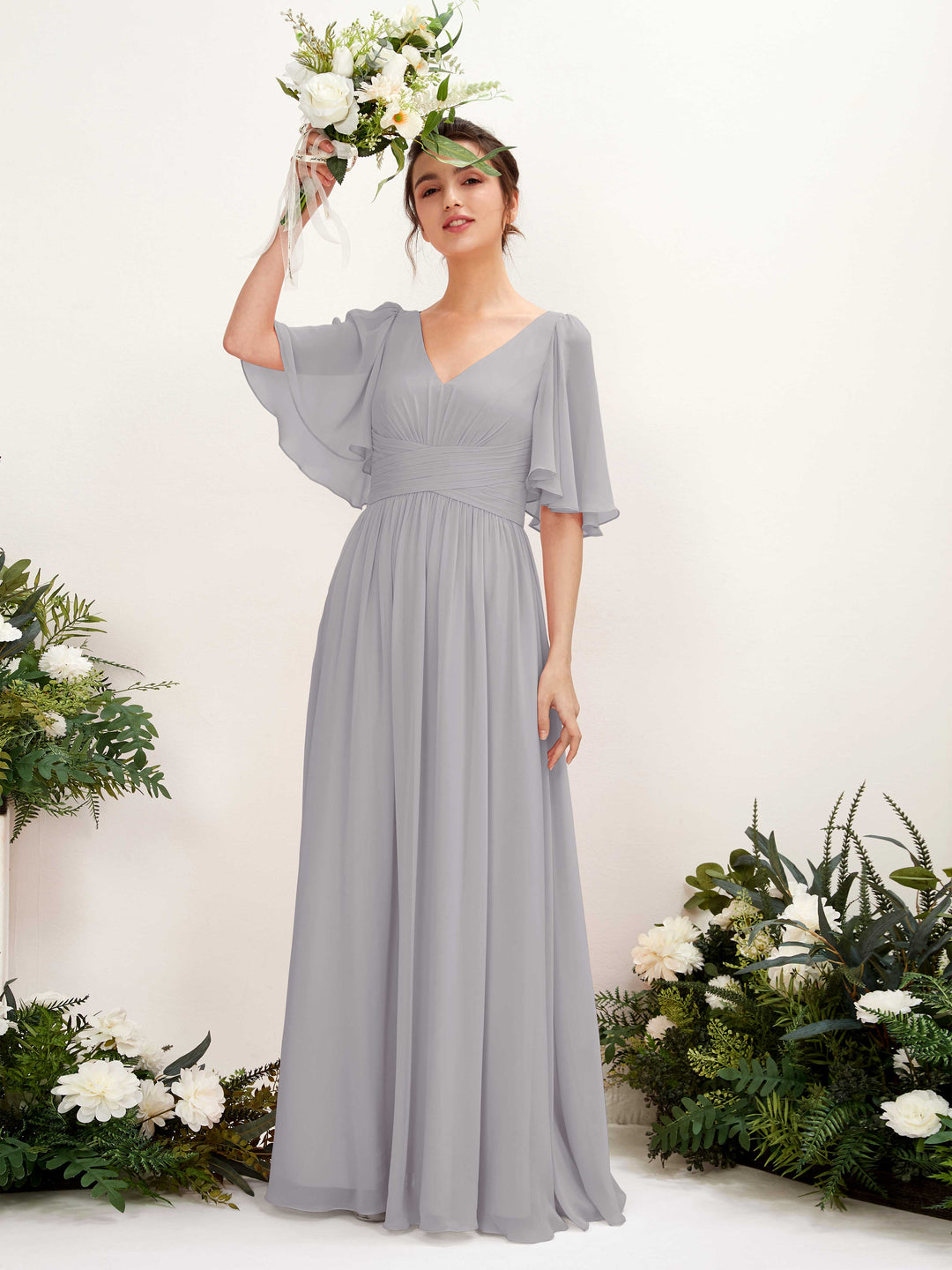 Carlyna Robe trapèze col V manches courtes longueur ras du sol en mousseline Gris Boussole 