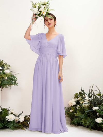 Carlyna Robe trapèze col V manches courtes longueur ras du sol en mousseline Lilas #couleur_lilas