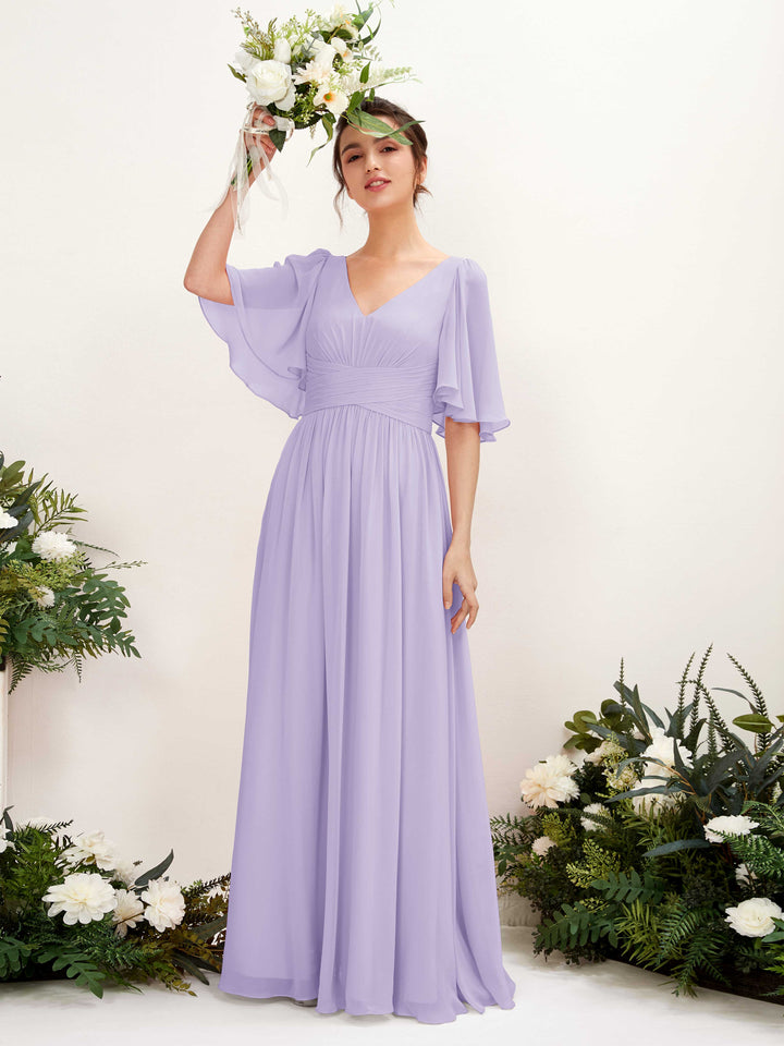 Carlyna Robe trapèze col V manches courtes longueur ras du sol en mousseline Lilas 