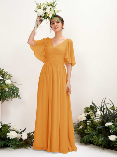 Carlyna Robe trapèze col V manches courtes longueur ras du sol en mousseline Mangue #couleur_mangue