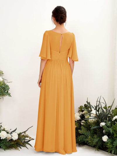 Carlyna Robe trapèze col V manches courtes longueur ras du sol en mousseline Mangue #couleur_mangue