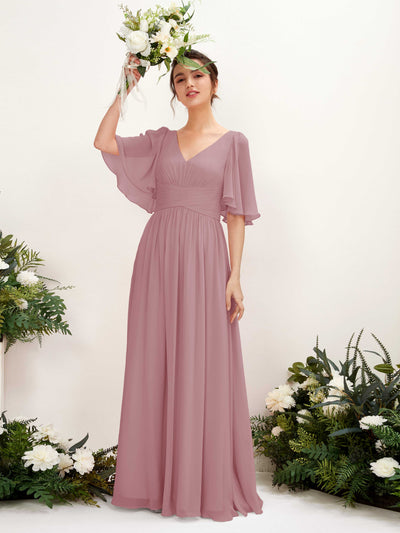 Carlyna Robe trapèze col V manches courtes longueur ras du sol en mousseline Mauve Vintage #couleur_mauve-vintage